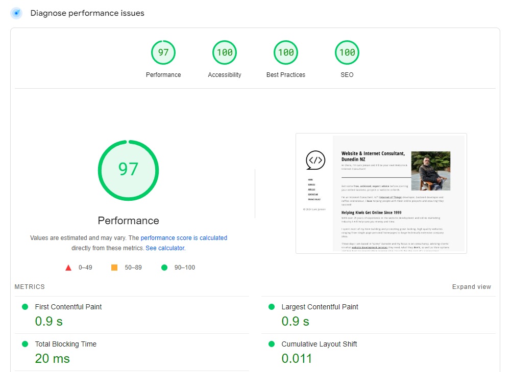 12 Amazing Website Management and Maintenance Services NZ 3 Google Page Speed result for larsjansen.co.nz