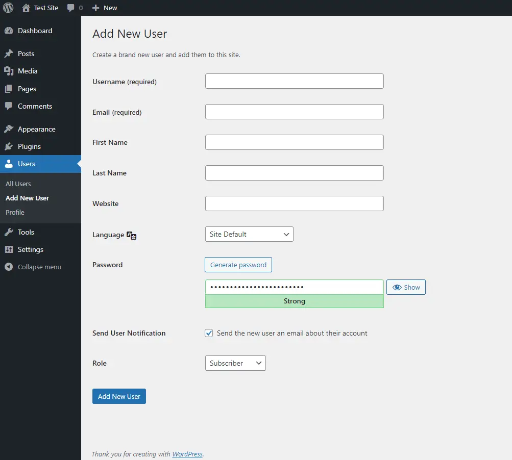 How to Use the WordPress Admin Dashboard: A User Guide 14 Wordpress add new user page
